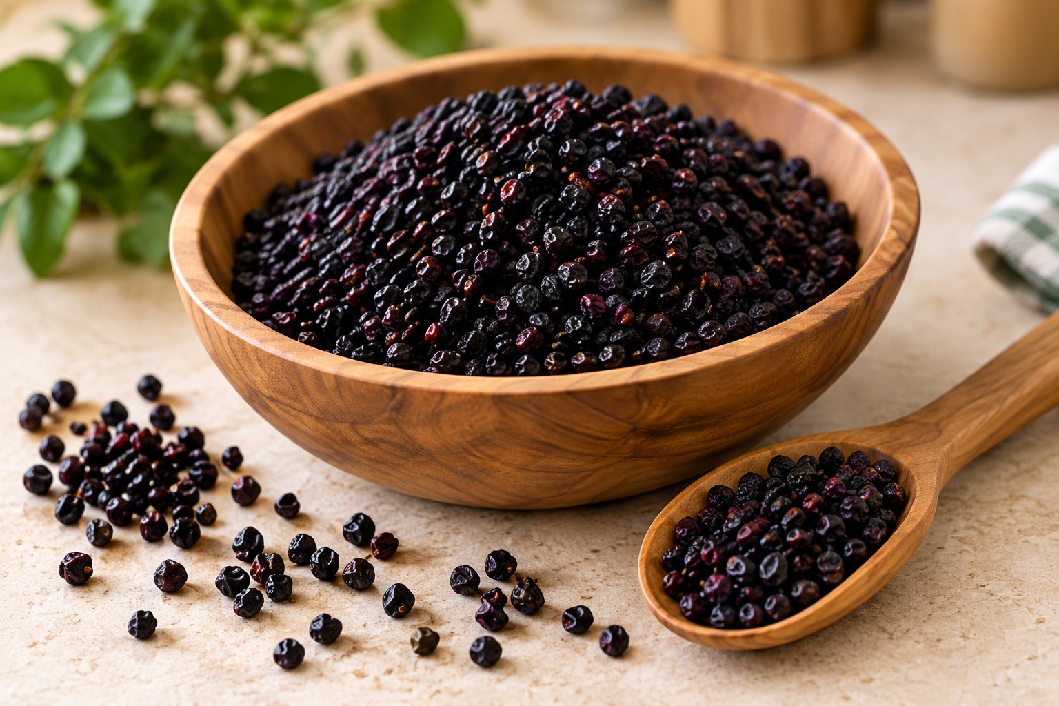 Dried elderberries in a wooden bowl with a wooden spoon