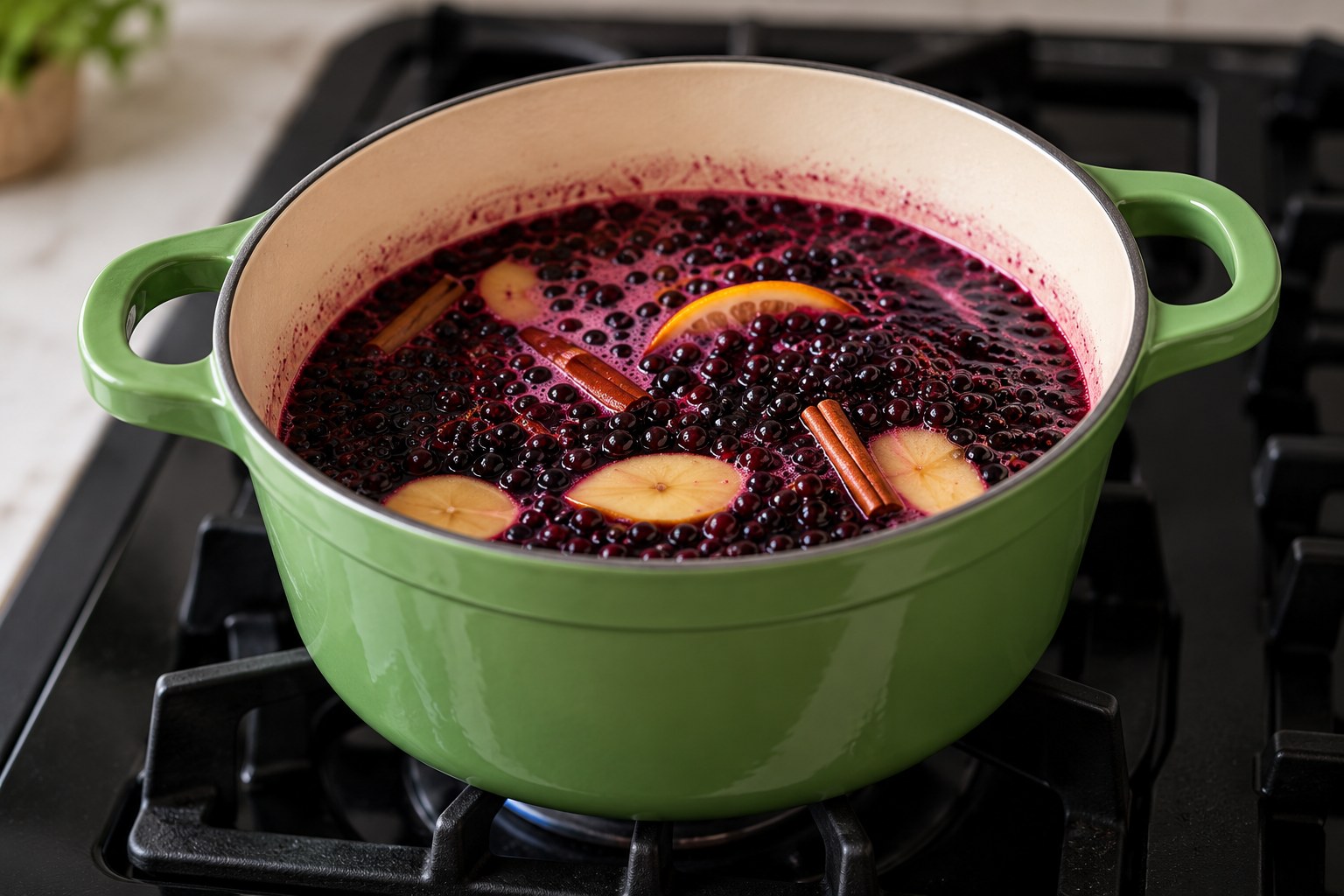 Elderberries gently simmering in a green pot