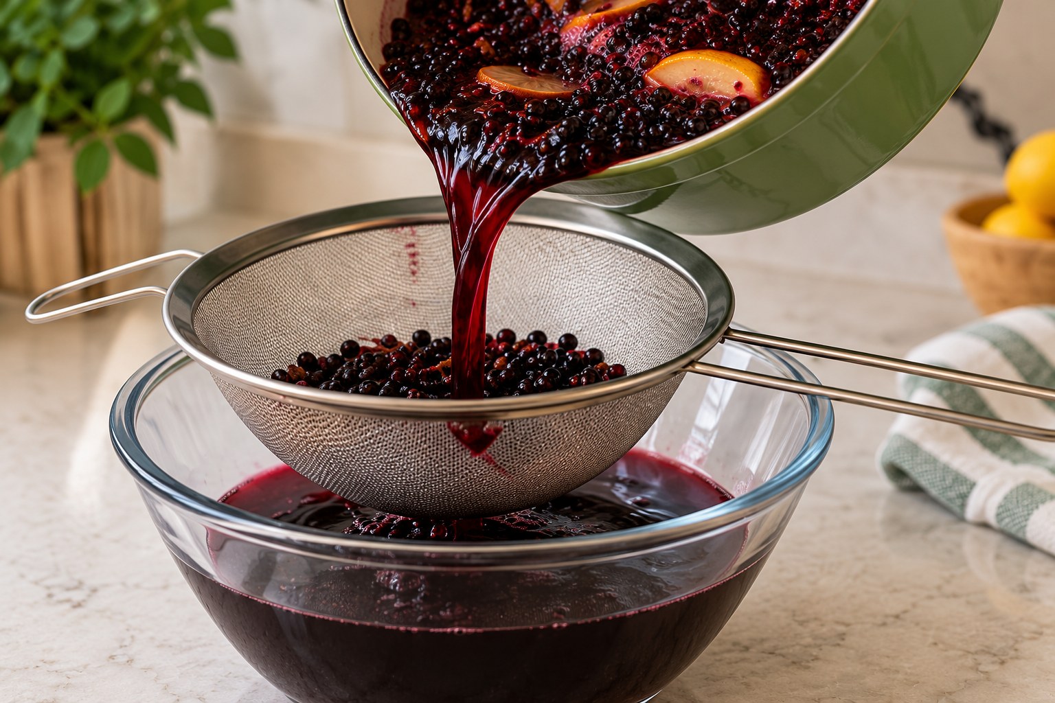 Deep-purple elderberry liquid being strained through a metal sieve