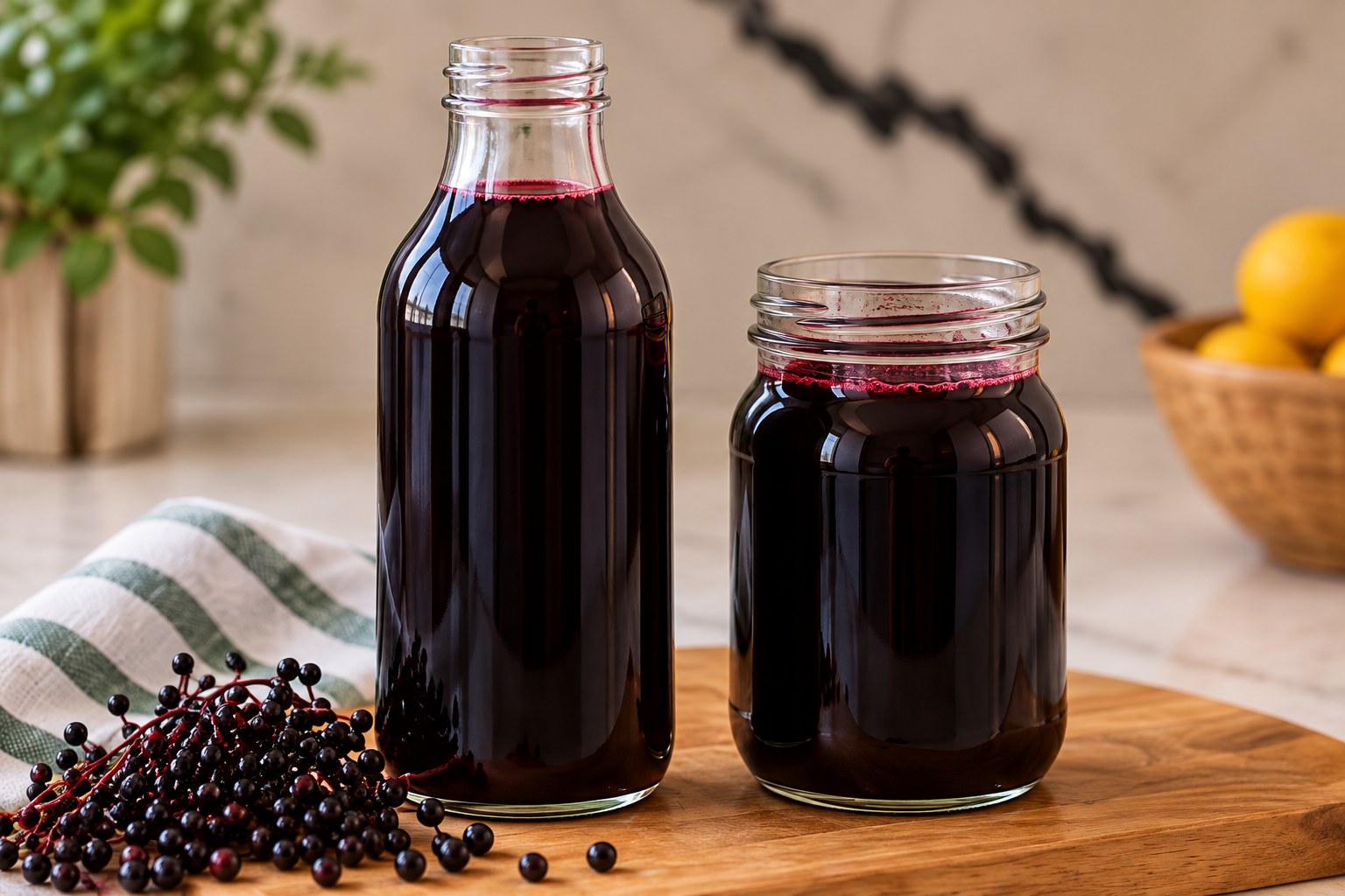 Two glass containers filled with homemade elderberry syrup